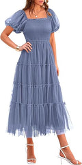 Women's Summer Smocked Midi Tulle Dress | Lightweight Flowy Mesh, Puffy Short Sleeves, Square Neck, Elegant Dresses for Wedding Guest, Homecoming Party & Baby Shower