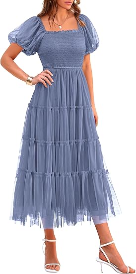 Women's Summer Smocked Midi Tulle Dress | Lightweight Flowy Mesh, Puffy Short Sleeves, Square Neck, Elegant Dresses for Wedding Guest, Homecoming Party & Baby Shower