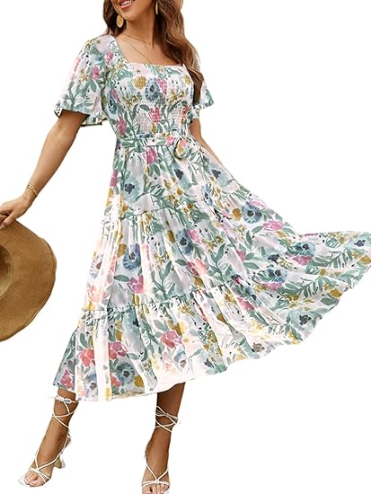 Women's Boho Flowy Long Sleeve Square Neck Floral Midi Dress Smocked Spring Fall Wedding Guest Dresses
