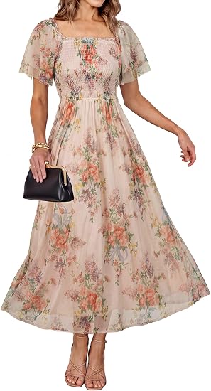 Womens Floral Maxi Dresses 2026 Summer Square Neck Mesh Short Sleeve Smocked Boho Flowy Wedding Guest Dress